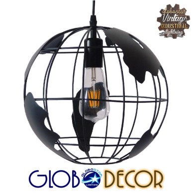 GLOBOSTAR® EARTH 01205 Vintage Κρεμαστό Φωτιστικό Οροφής με Ντουί 1 x E27 AC 220-240V IP20 - Μαύρο - Μ30 x Π30 x Υ30cm